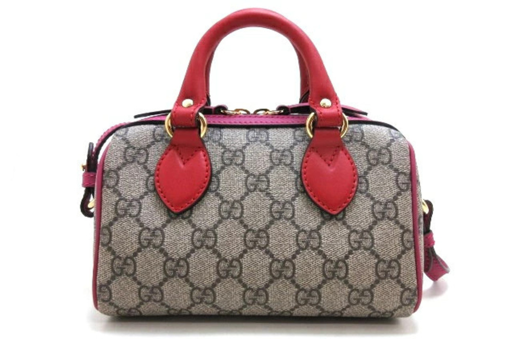 Gucci GG Supreme Boston Bag KLQIG Shoulder Canvas Leather Beige Cream Red Pink